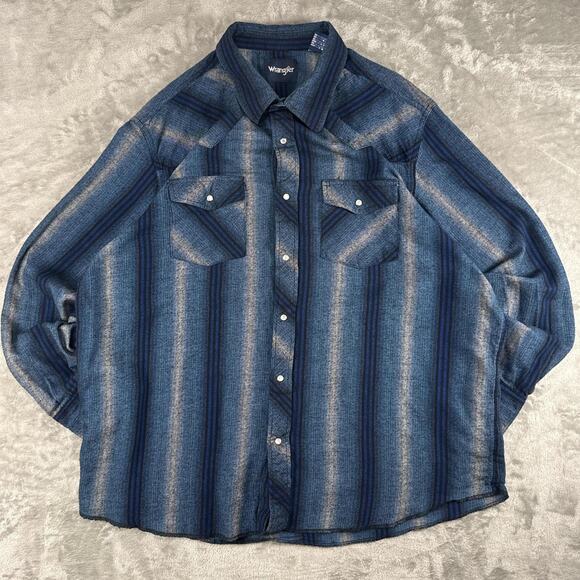 Wrangler Other - Wrangler Blue Plaid Striped Flannel Peral Snap Long-sleeve Shirt Size XXL